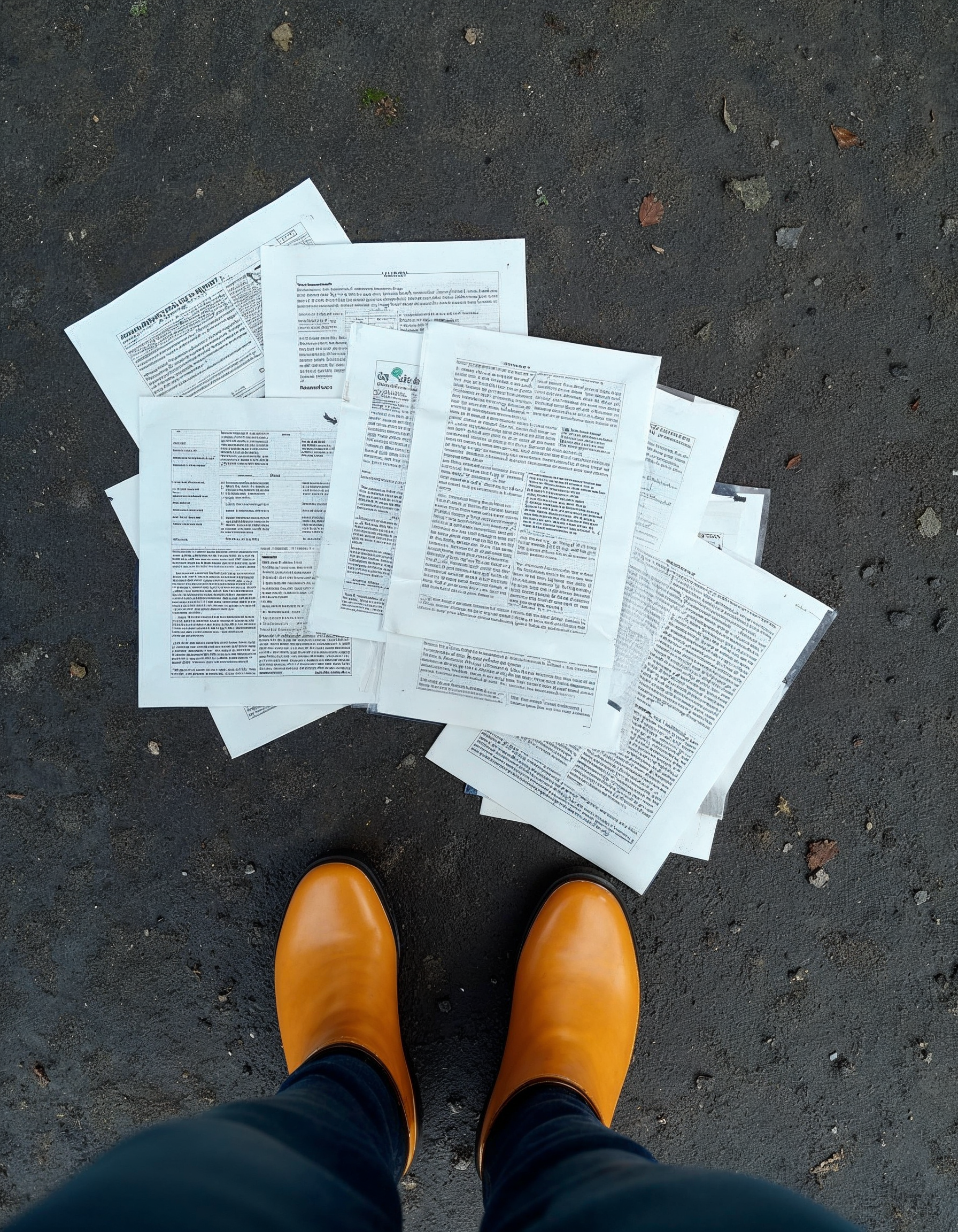 Legal papers on the ground, served upon a person wearing orange rainboots in Seattle WA