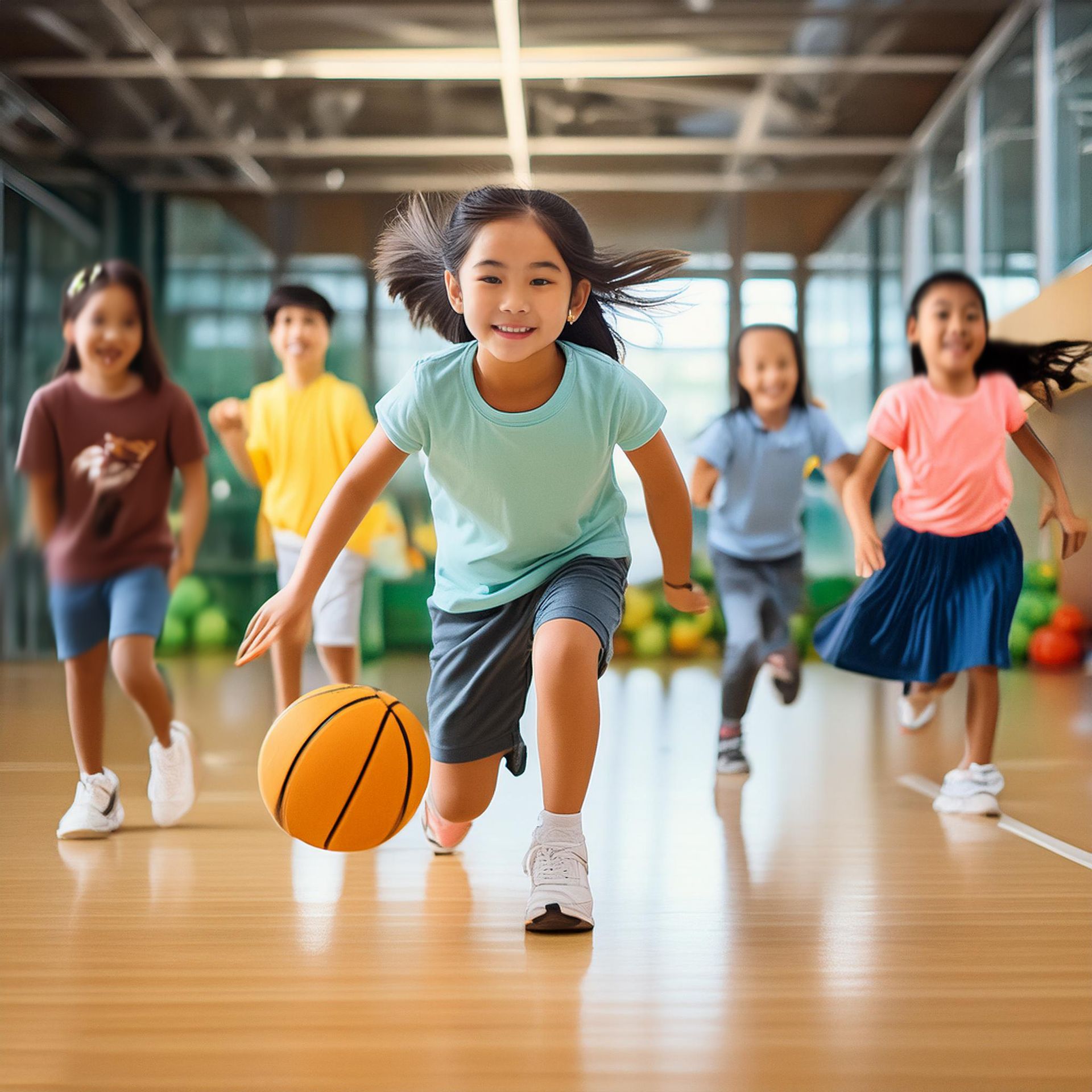 A group of children are running with a basketball in a gym.