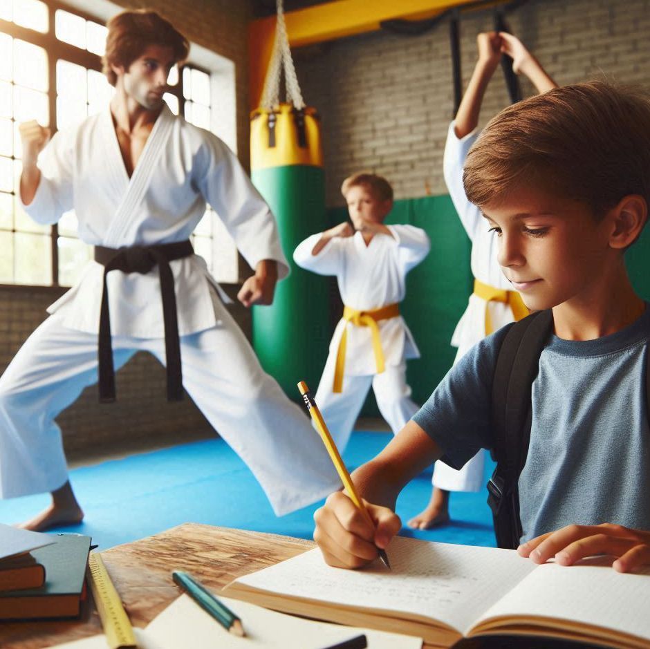 A boy is writing in a notebook in front of a group of karate players