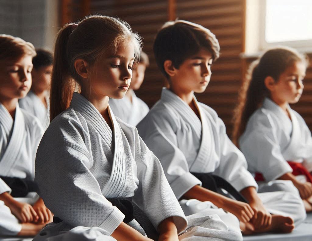 A group of children in karate uniforms are sitting in a row in a gym.