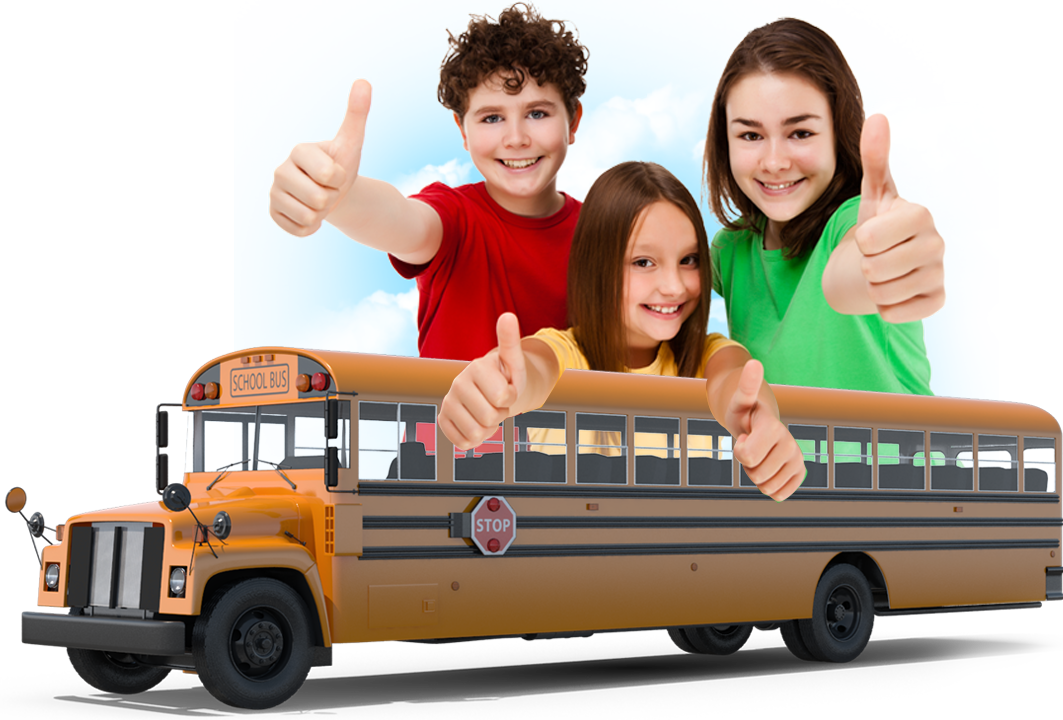 Three children are giving a thumbs up in front of a school bus