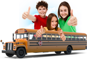 Three children are giving a thumbs up in front of a school bus