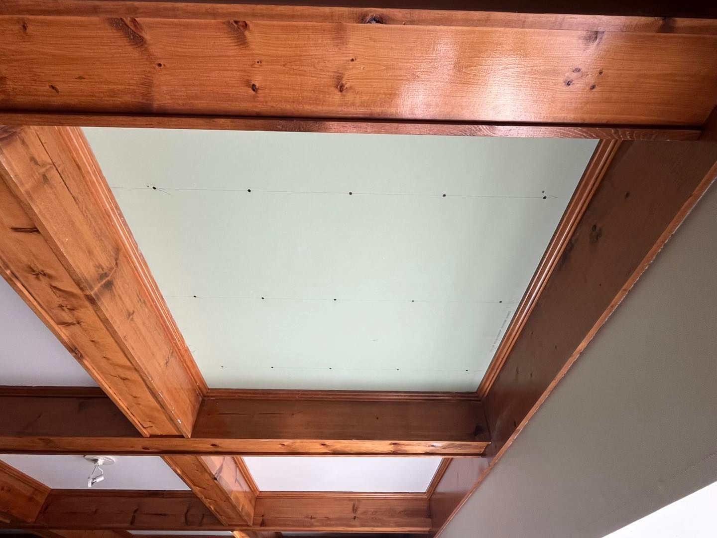 Wooden beams frame a light green rectangular ceiling panel. The beams are 