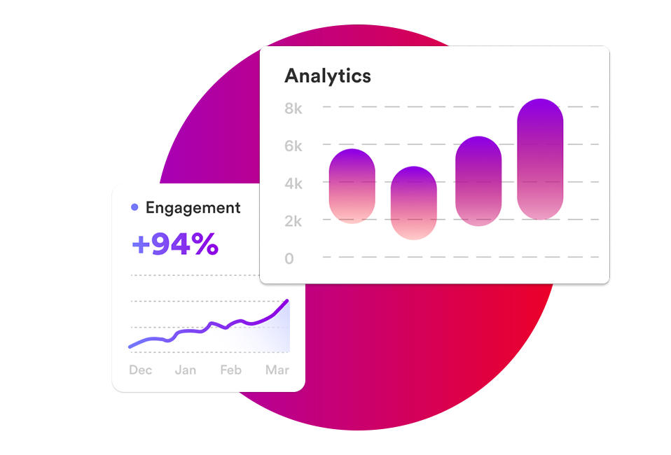 A purple and red circle with a graph showing engagement.