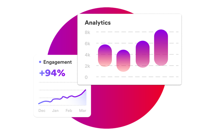 A purple and red circle with a graph showing engagement.