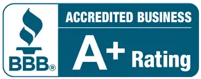 A blue sign that says accredited business a+ rating