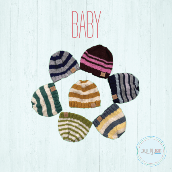 Image of multi-coloured baby beanies in a circle