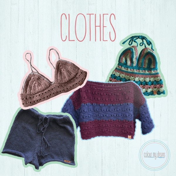Image of multi-coloured clothes - crochet tops, knitted jumpers, knitted shorts