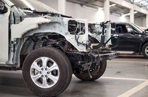 A car is being dismantled in a garage.