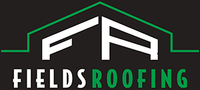 Fields Roofing logo with black roof outline, white roof graphic, and green-and-white text on dark background