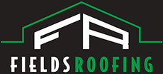 Fields Roofing logo with black roof outline, white roof graphic, and green-and-white text on dark background