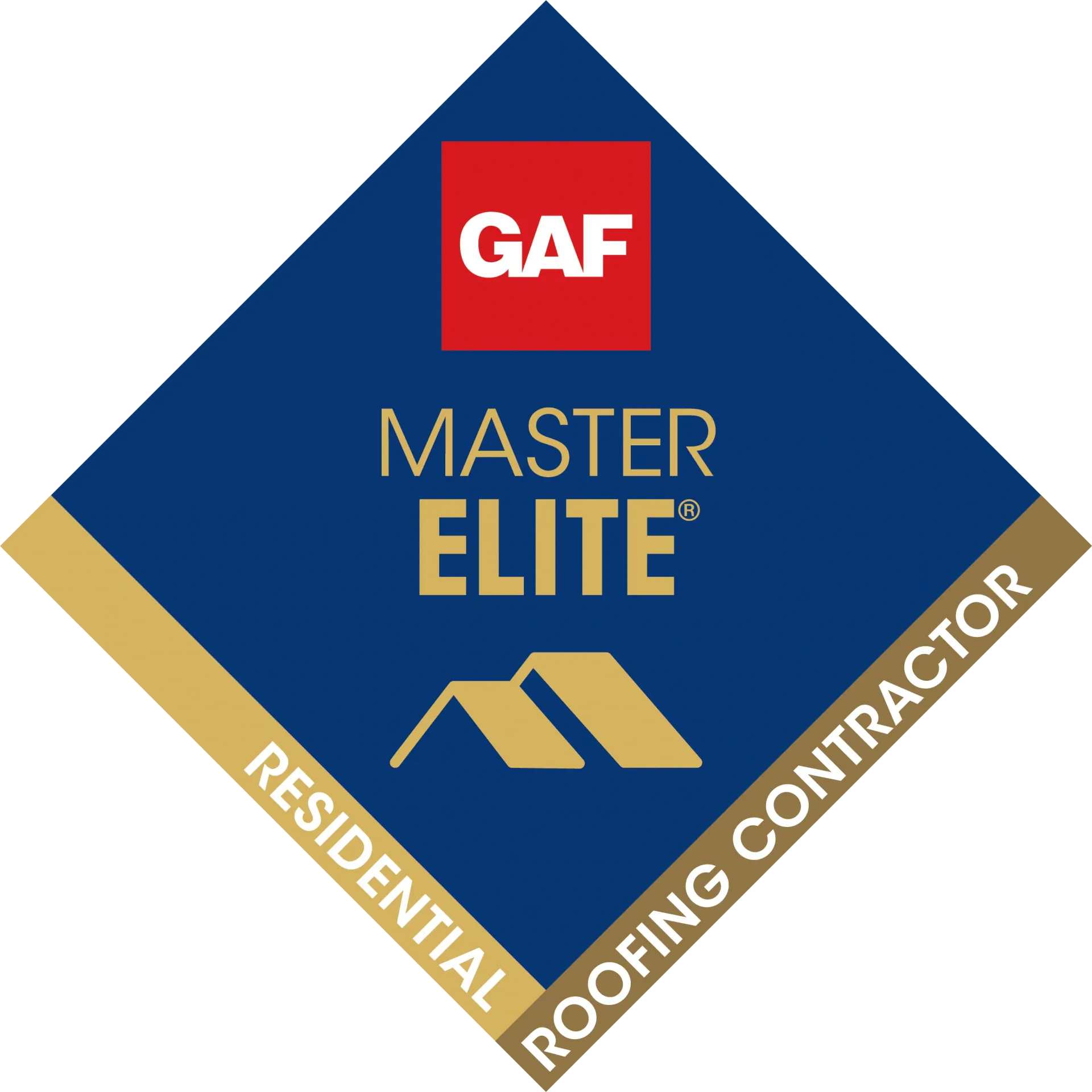GAF Master Elite Residential Roofing Contractor badge in blue, gold, red, and white