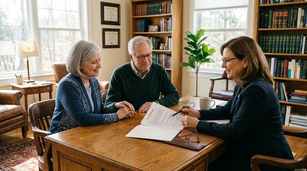 Estate planning attorney reviewing trust options with clients — estate planning guidance