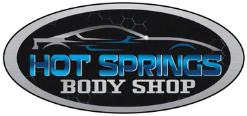 A logo for hot springs body shop with a car on it