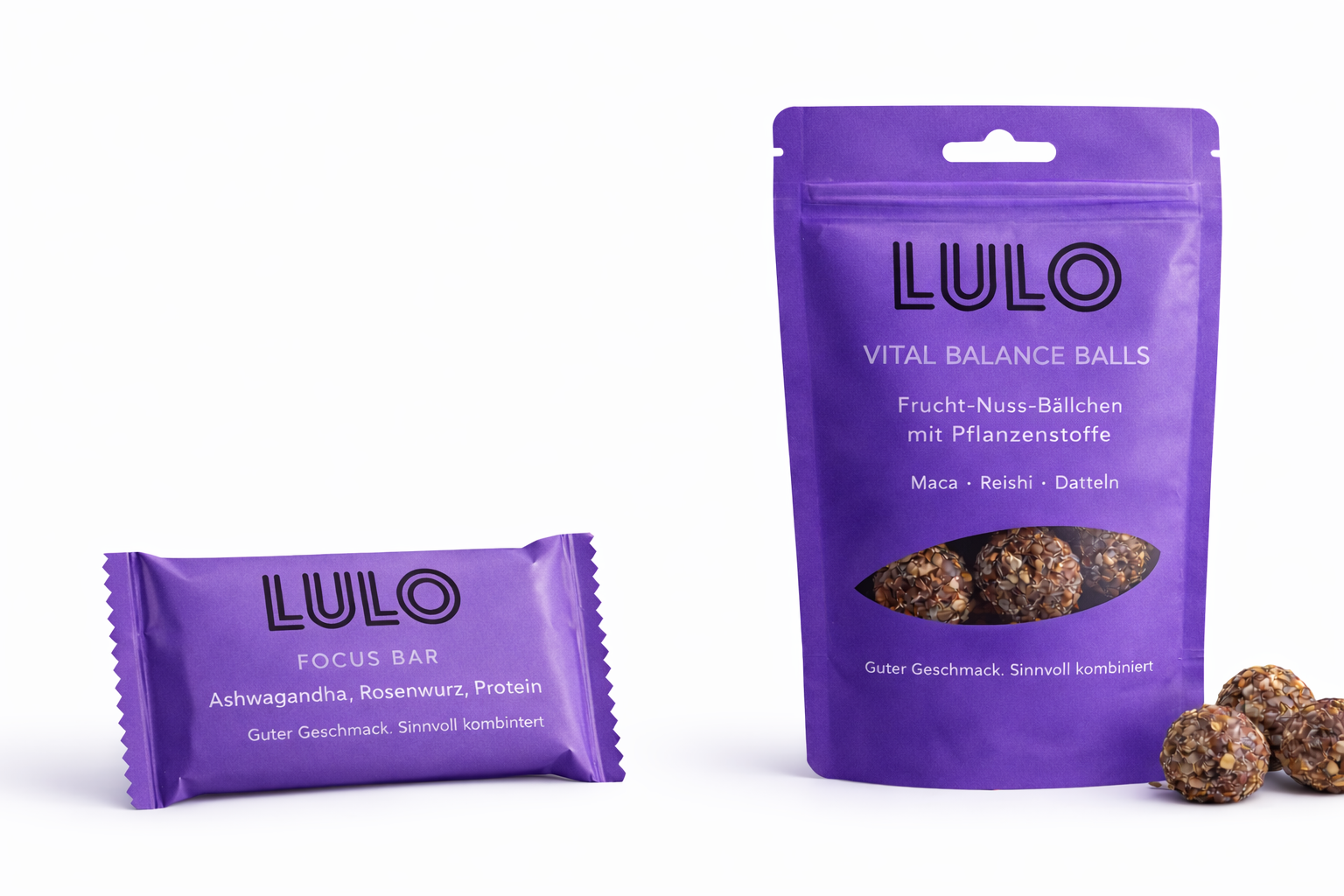 Purple LULO food bar and pouch of vital balance balls, both with product visible.