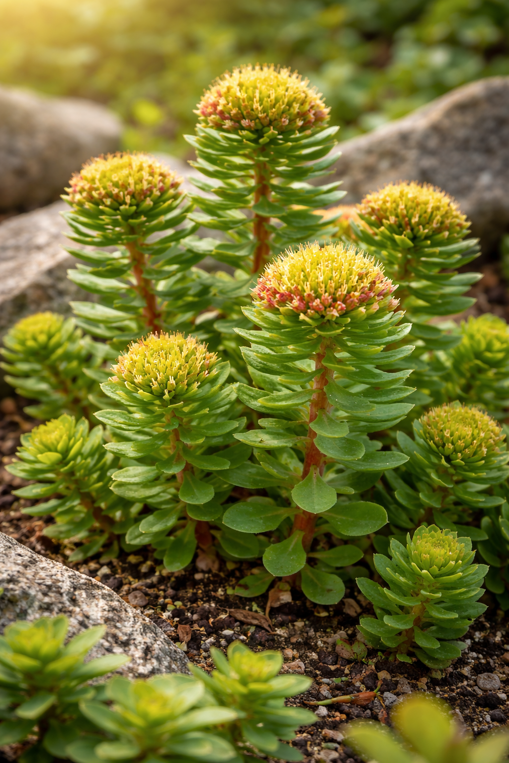 Green and yellow Rhodiola rosea plant growing among rocks.
