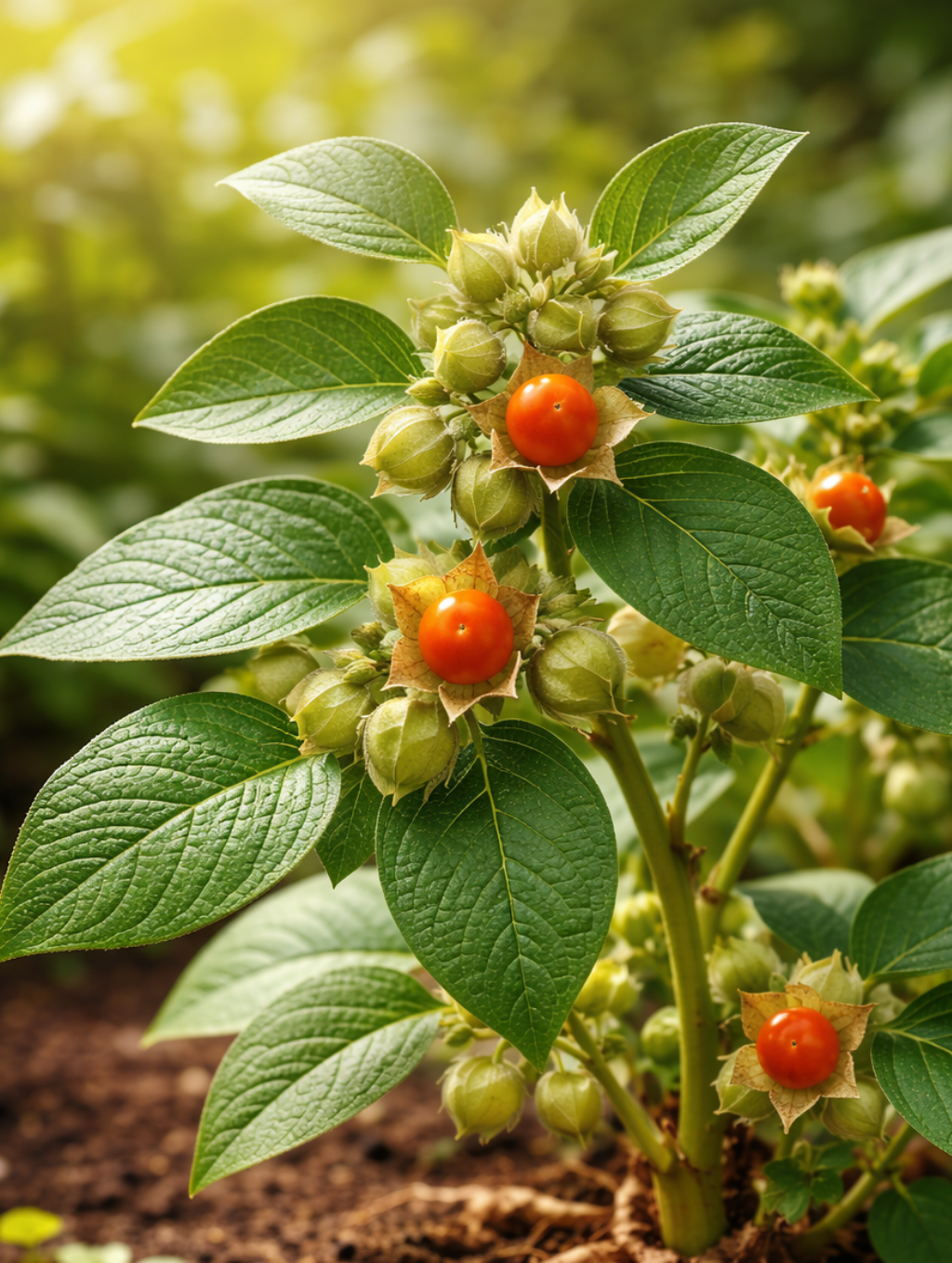 Ashwagandha plant with green leaves, orange berries, and small green buds, growing in soil.