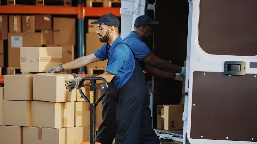 Two Delivery Men Are Loading Boxes Into A Van In A Warehouse — Corrado & Frank Distributors in Fairy Meadow, NSW
