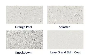 4 types of drywall finish, orange peel, splatter, knockdown, and a level 5 finish.