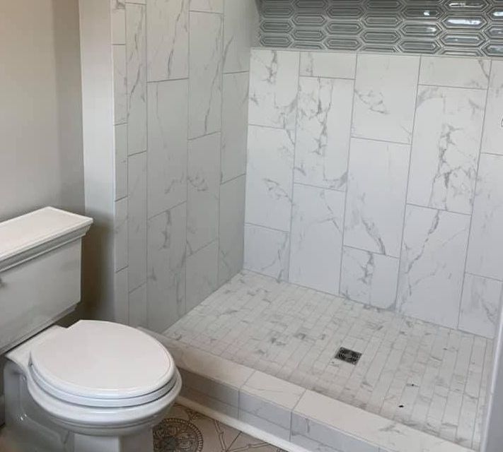 A bathroom with a toilet and a walk in shower.