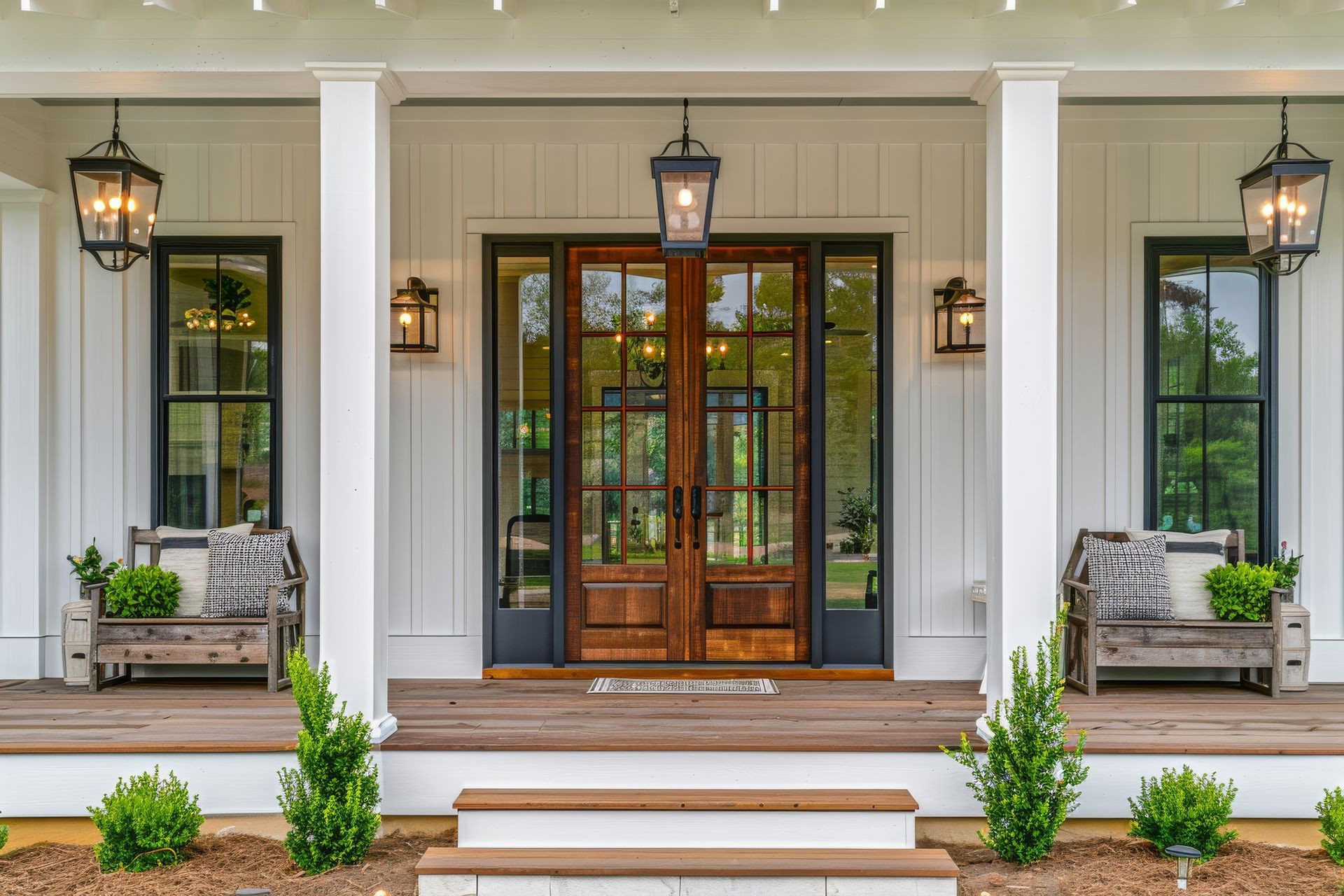 The front porch of a white house with wooden doors and lanterns.