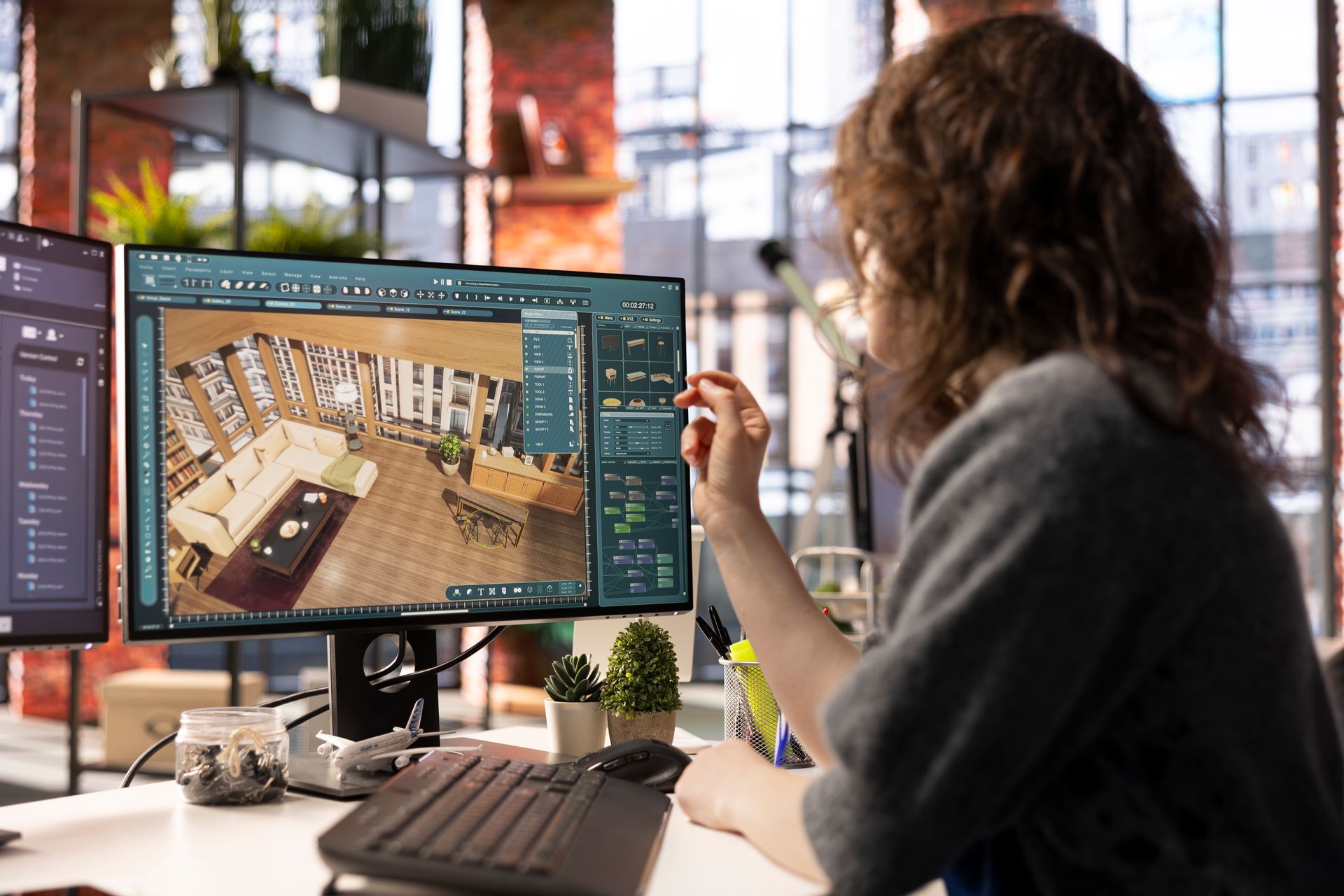 A woman is sitting at a desk looking at a computer screen.