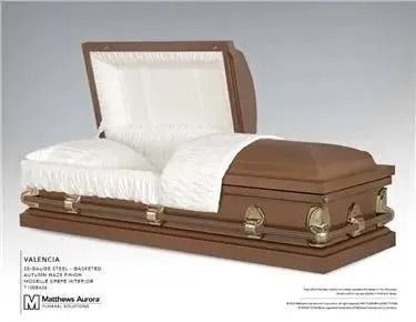 Open brown casket with white interior.