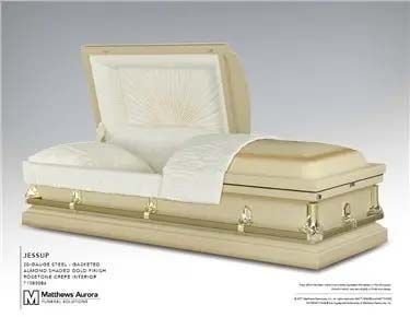 Beige open casket with white interior and gold accents.