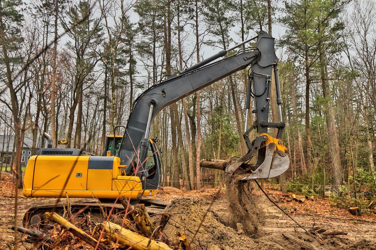 A large yellow excavator is digging a hole in the middle of a forest.