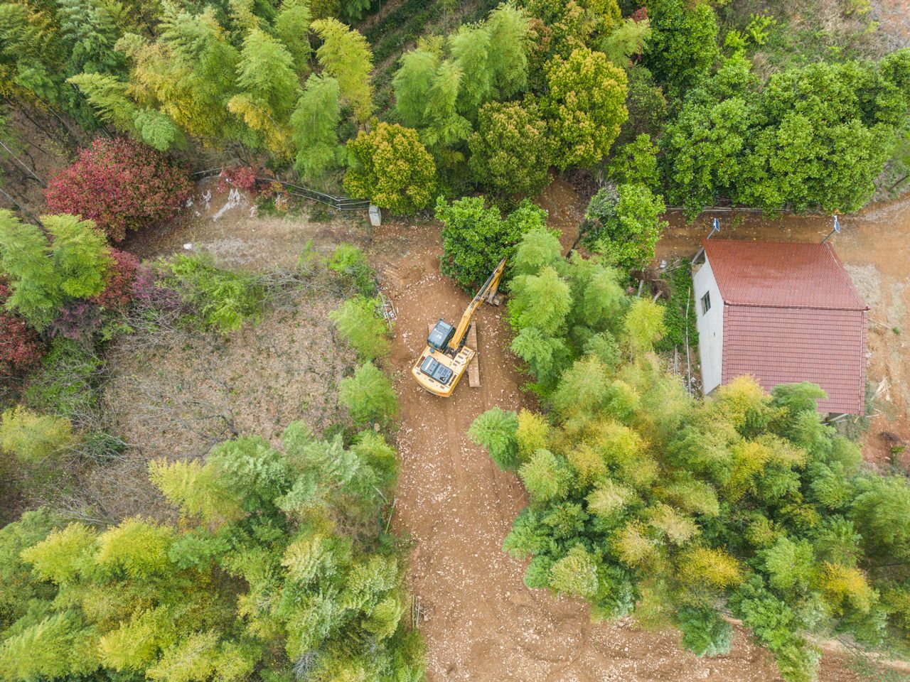 An aerial view of a construction vehicle in the middle of a forest.