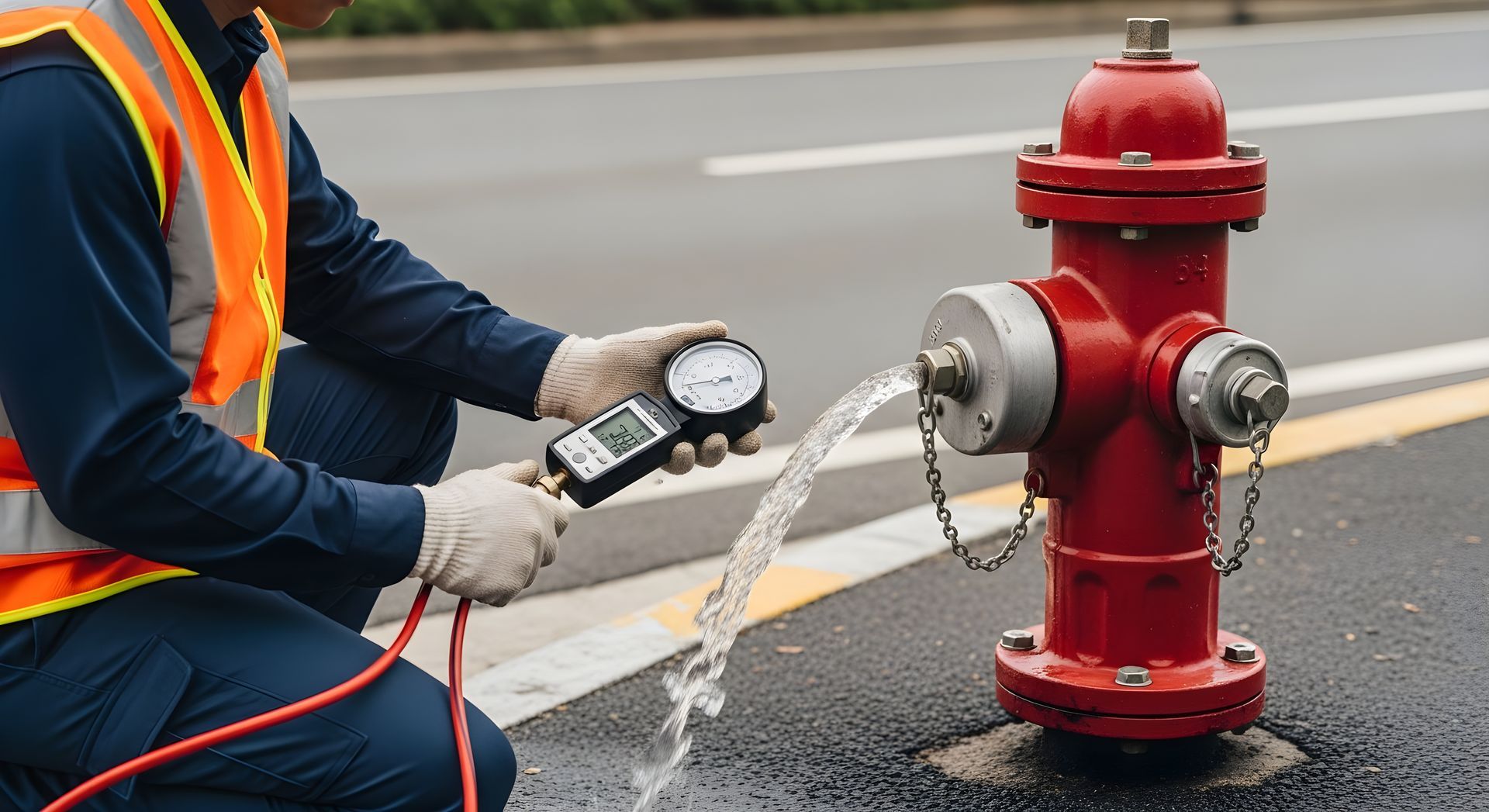 The technician tests fire hydrant water flow with a pressure gauge. The technician tests fire hydrant water flow with a pressure gauge.