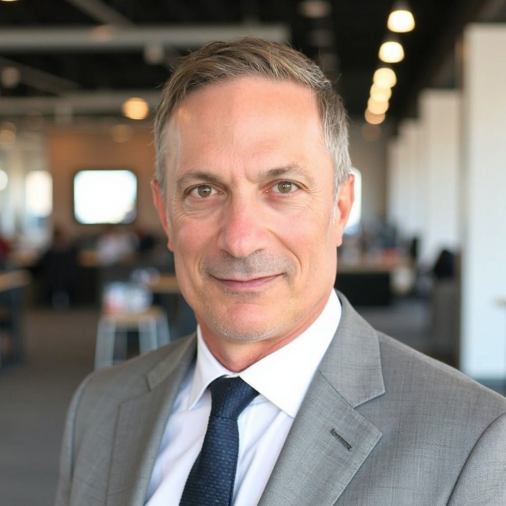 A man with a beard is wearing a white shirt and smiling.