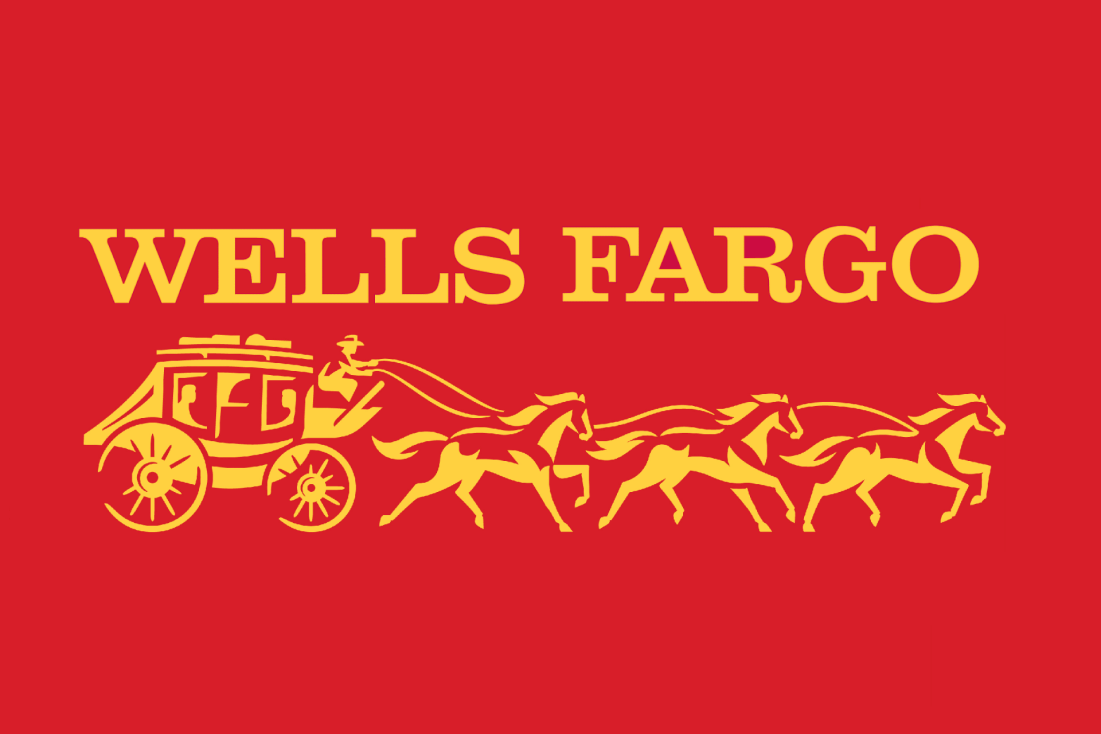 A wells fargo logo with a horse drawn carriage on a red background