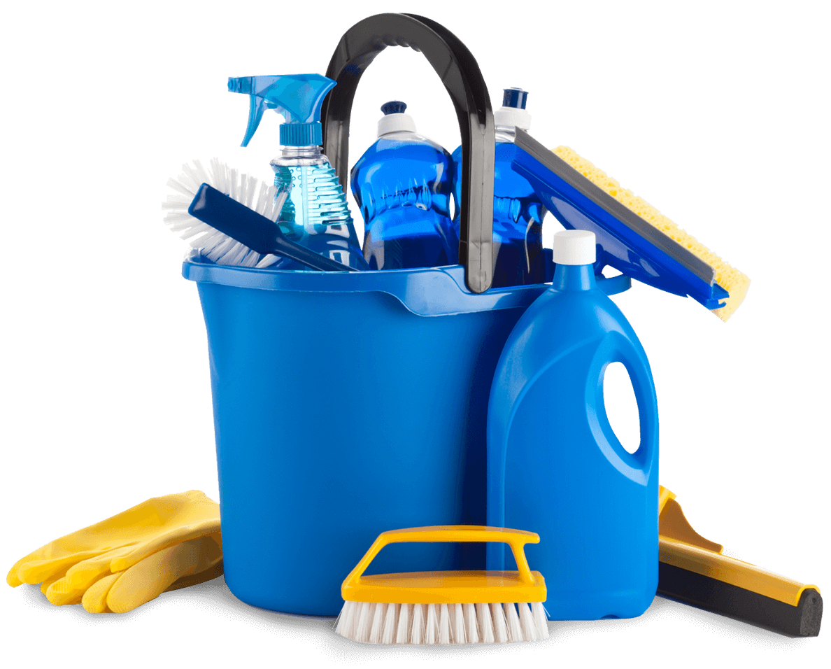 A blue bucket filled with cleaning supplies and gloves