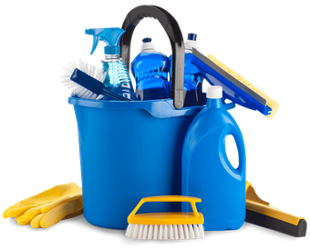 A blue bucket filled with cleaning supplies and gloves