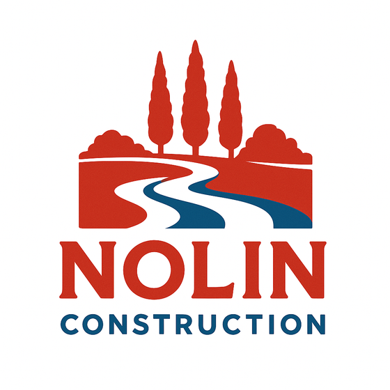 Logo for Nolin Construction: Red and blue landscape scene with trees and winding river; text "NOLIN CONSTRUCTION."