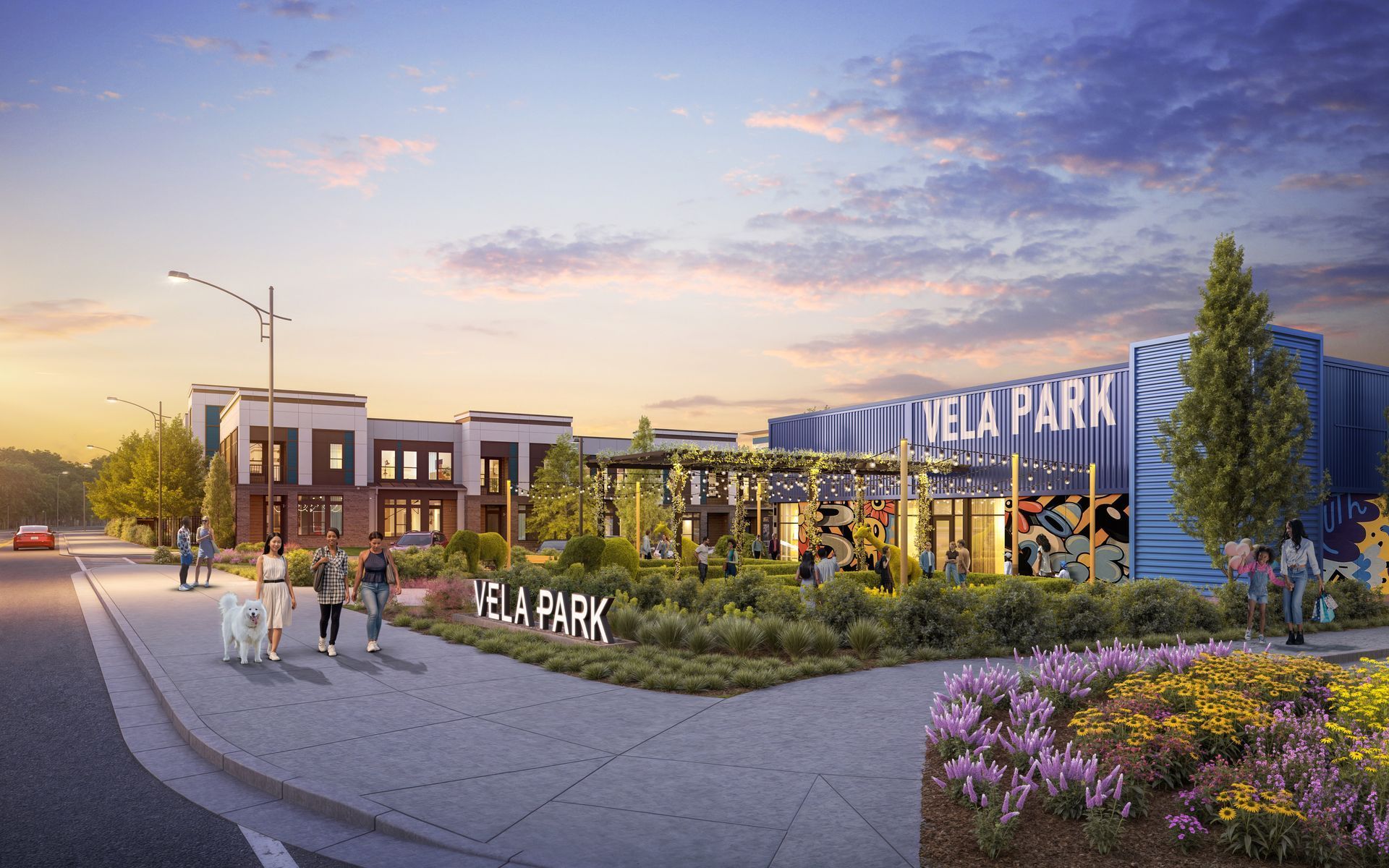 Sunset rendering of a park entrance with people walking, landscaped flowers, and a lit “Vella Park” sign at Vela Park apartments in East Lake, Atlanta, GA.