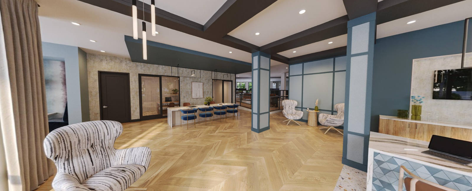 Modern hotel lobby with wood floors, lounge seating, and large windows at Vela Park apartments in East Lake, Atlanta, GA.