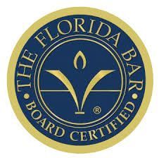 The florida bar board certified logo is a blue and gold circle with a candle in the center.