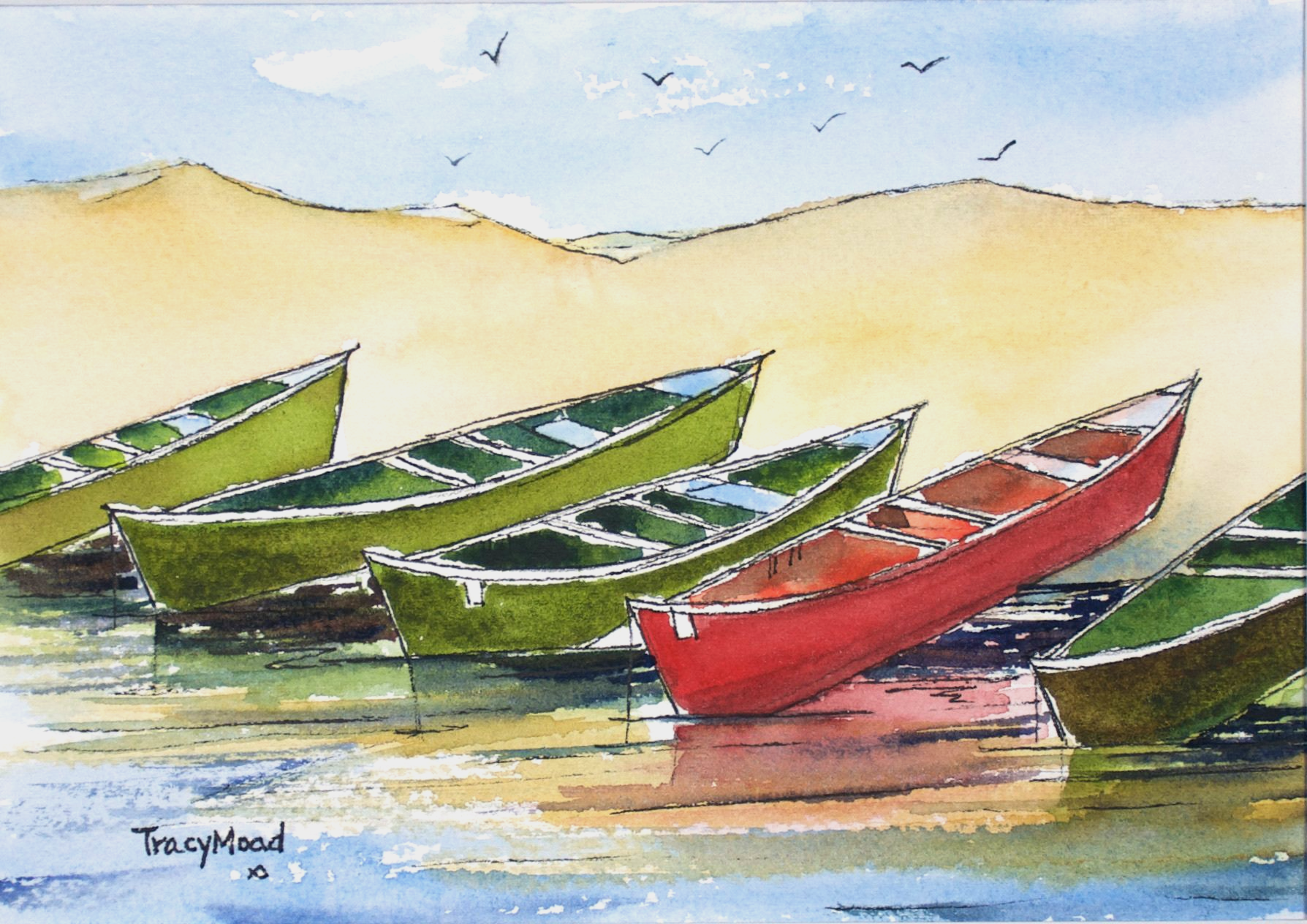 green and red canoes