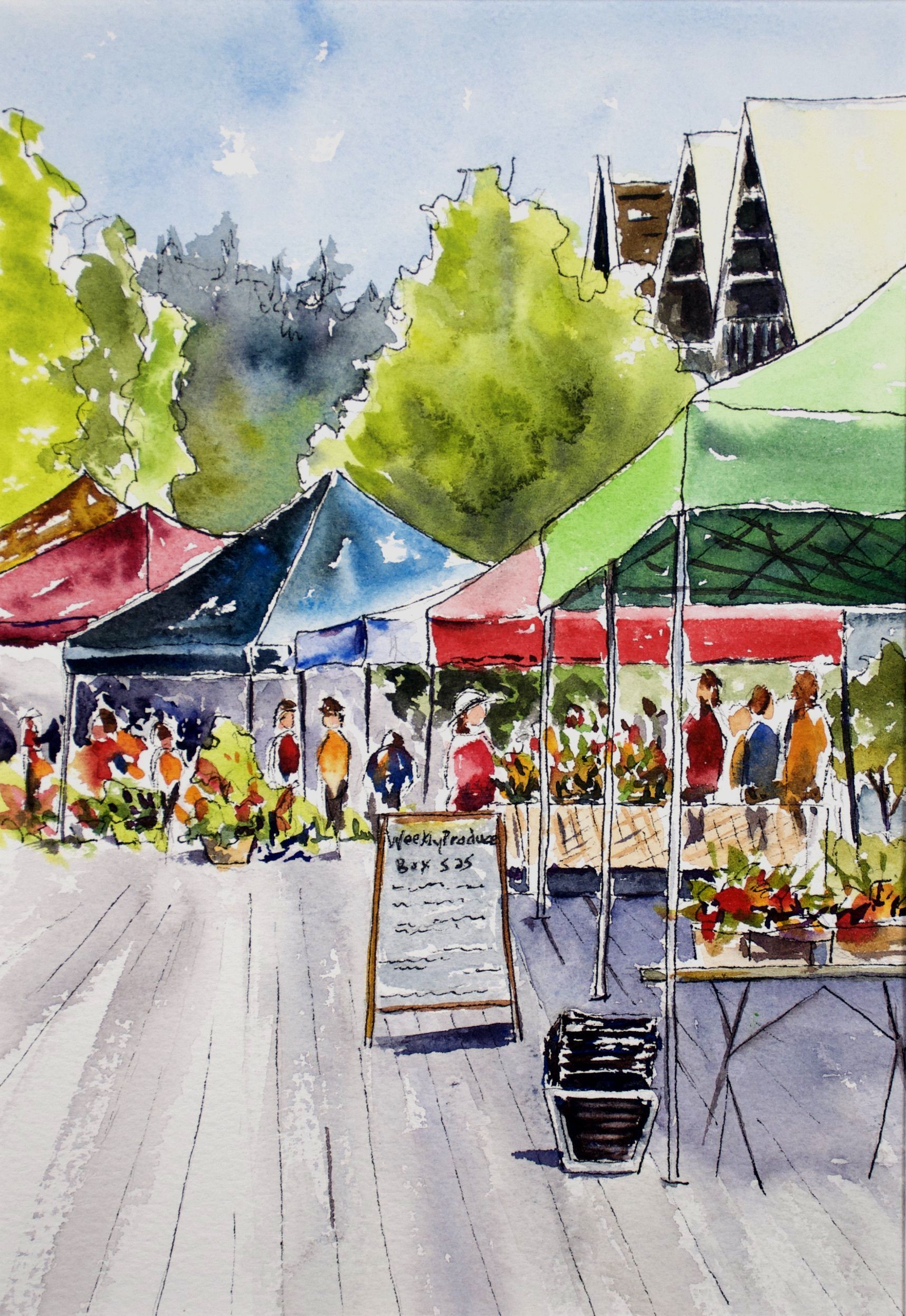 Watercolor painting of a farmers market. Colorful tents and stalls with people browsing. Trees and buildings in the background.