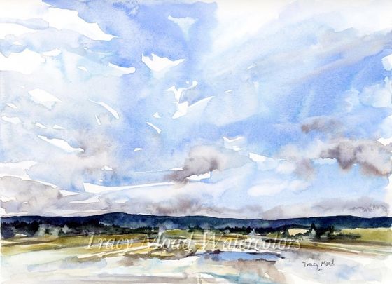 Watercolor landscape with a large, cloudy sky over a distant dark treeline and a watery foreground. Predominantly blue, gray, and green hues.