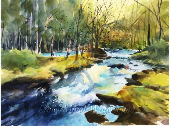 Watercolor painting of a river winding through a forest, with lush green and blue hues. Sunlight filters through the trees.