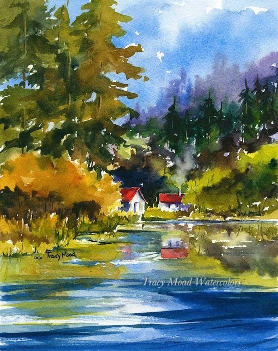 Watercolor painting of a lake scene with trees, houses, and reflections. Bright colors of blue, green, and orange.