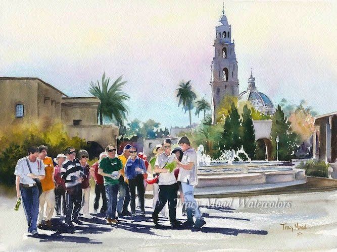 Watercolor painting of a group of people on a plaza with a fountain and a tall tower in the background under a bright sky.