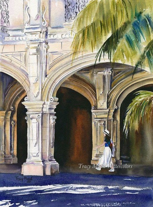 Watercolor painting of a woman in white walking beneath arched columns, palm fronds in the corner.