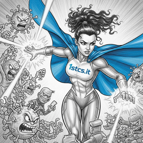Superheroine in blue and white fighting angry virus characters, website logo on her chest.
