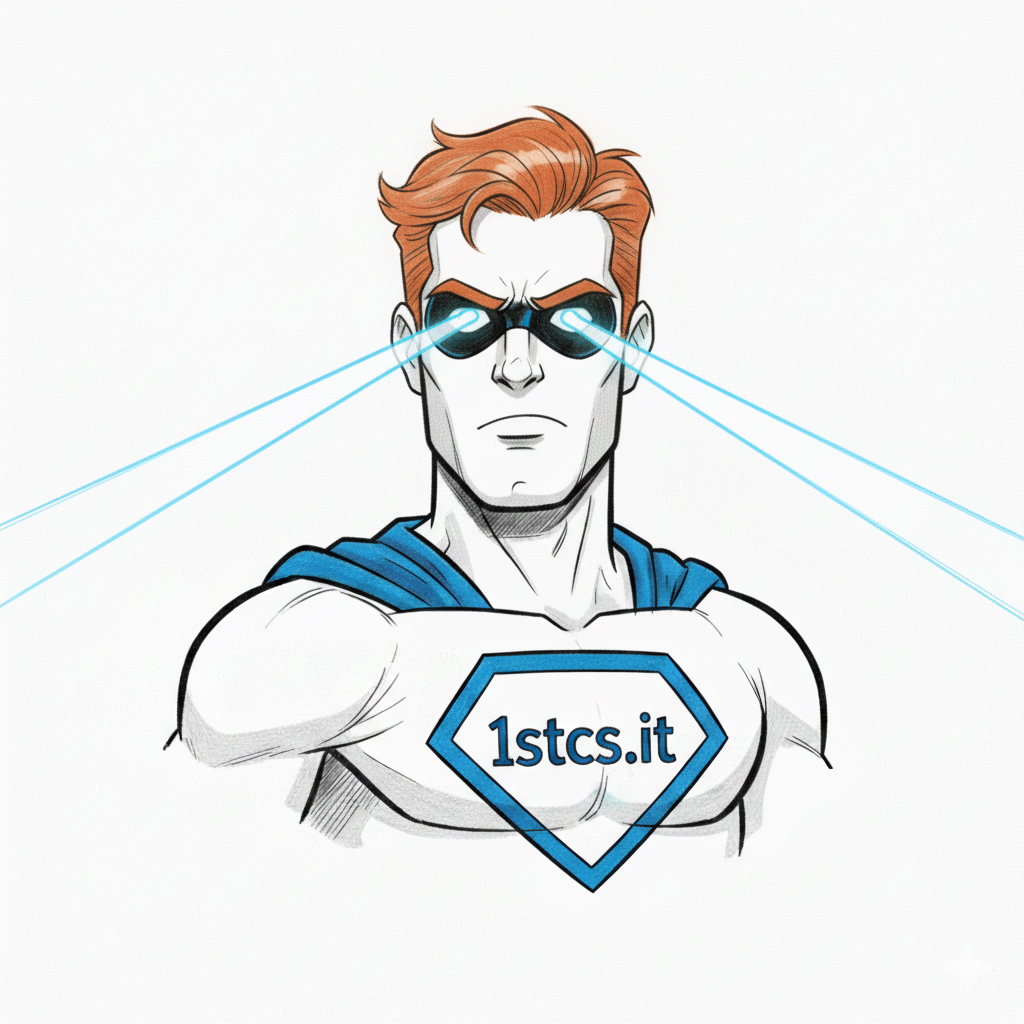 Superhero with red hair and blue eye beams, logo 