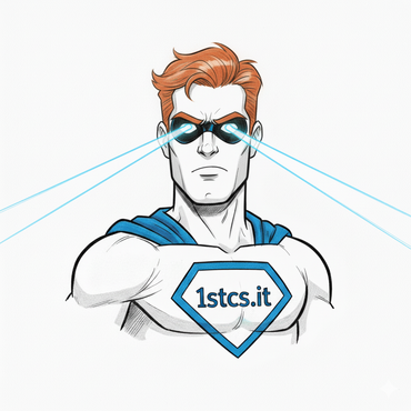 Superhero with red hair and blue eye beams, logo 