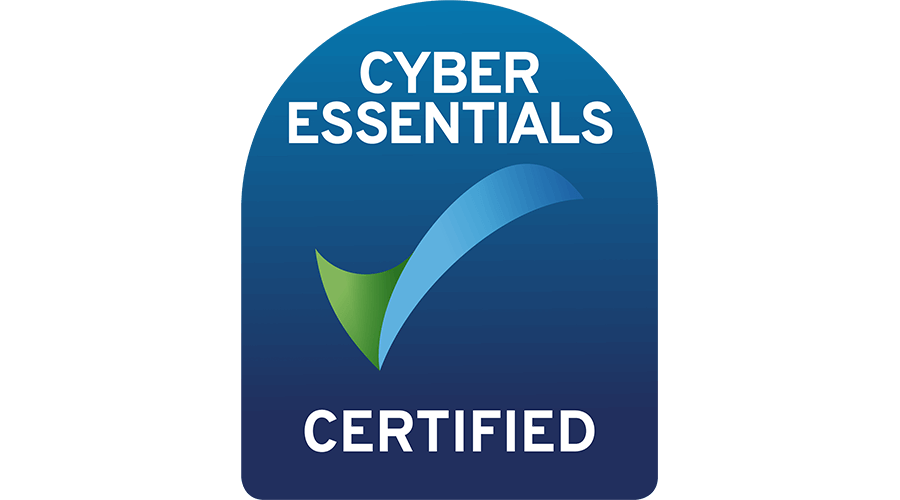 Cyber Essentials Certified logo: Blue badge with white text and a green/blue checkmark.